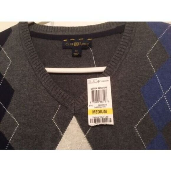 CLUB ROOM SIZE MEDIUM CHARCOAL COTTON V-NECK SWEATER **NEW** - Picture 2 of 3